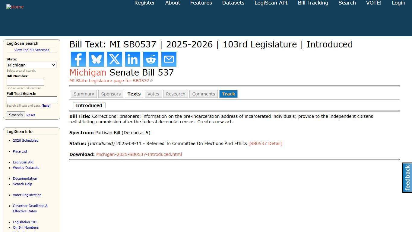 Bill Text: MI SB0537 | 2025-2026 | 103rd Legislature | Introduced | LegiScan